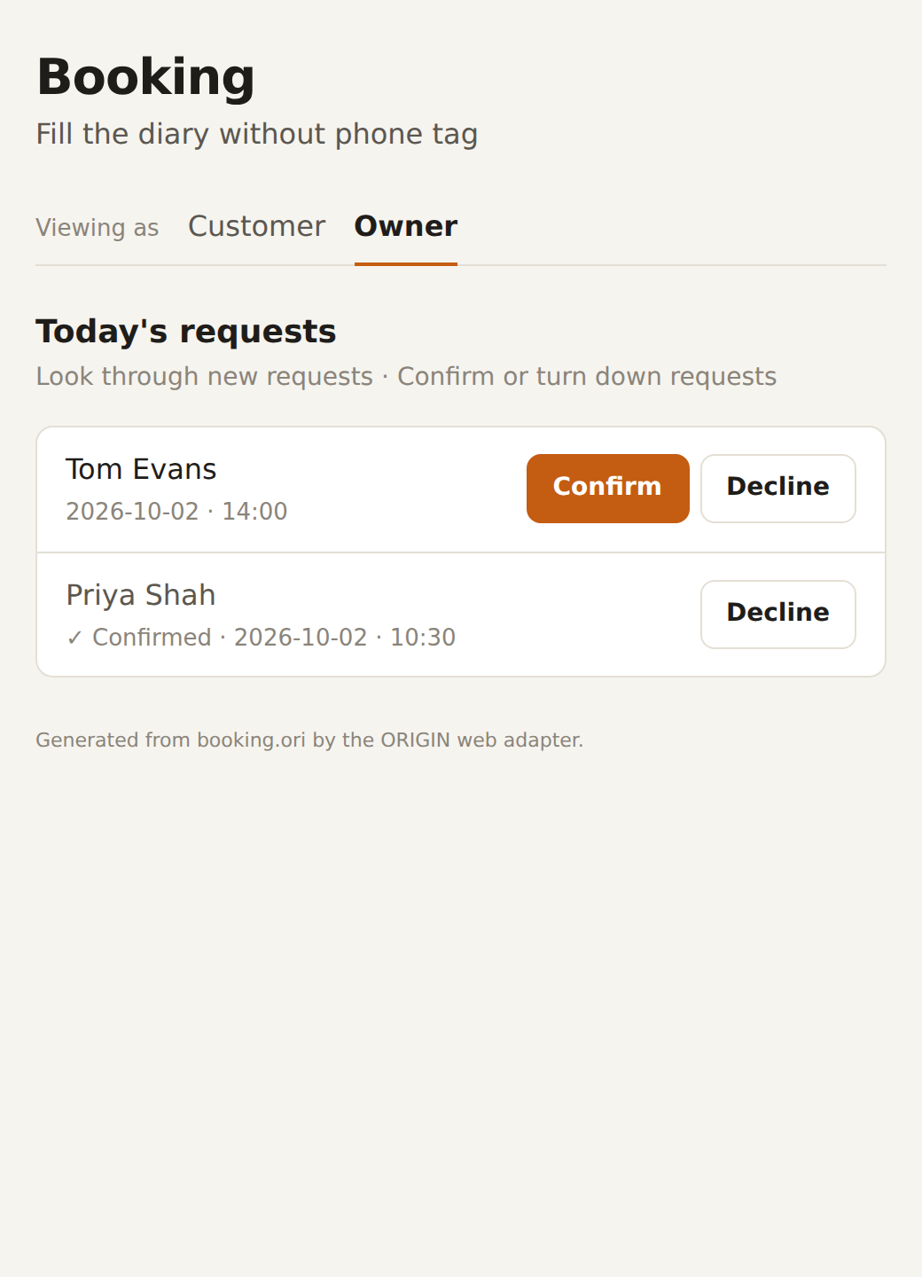 An appointment booking app generated from ORIGIN, viewed as the owner confirming requests
