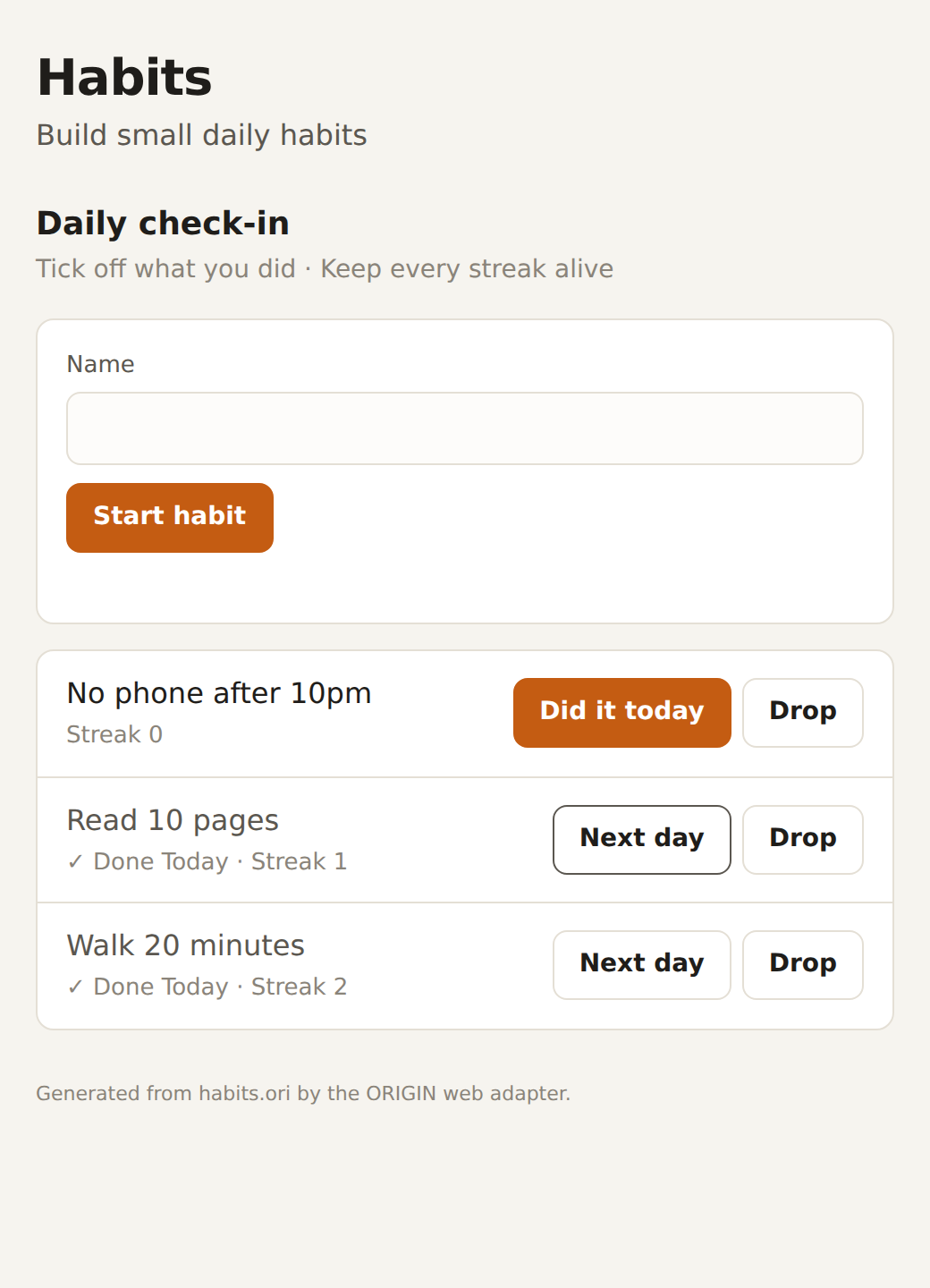 A habit tracker generated from a 58-line ORIGIN program, with streaks and a check-in button